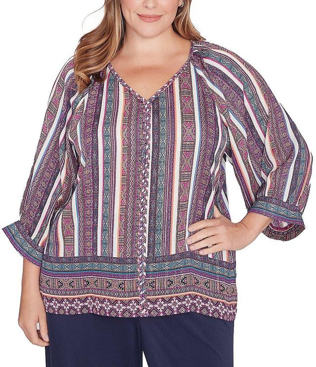 Ruby Rd. Plus Size Southwest Stripe Border Print Metallic Detail Braid Trim V-Neck 3/4 Balloon Sleeve Top Product Image