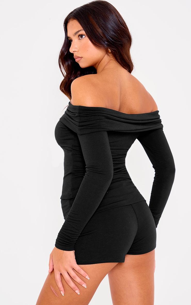 Black Double Contour Jersey Foldover Bardot Long Sleeve Top Product Image