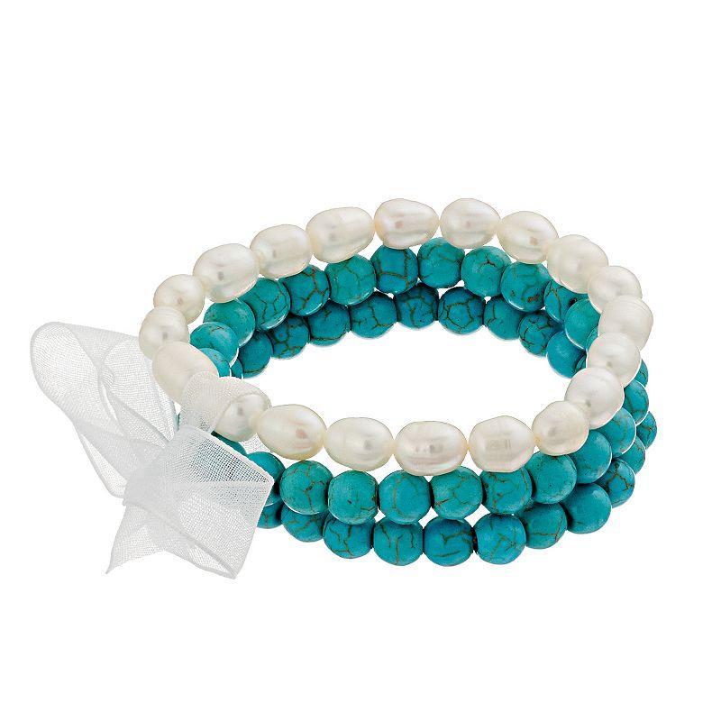 Aleure Precioso 3-Piece Gemstone Bead & Freshwater Cultured Pearl Stretch Bracelet Set, Womens Sterling Howlite Product Image