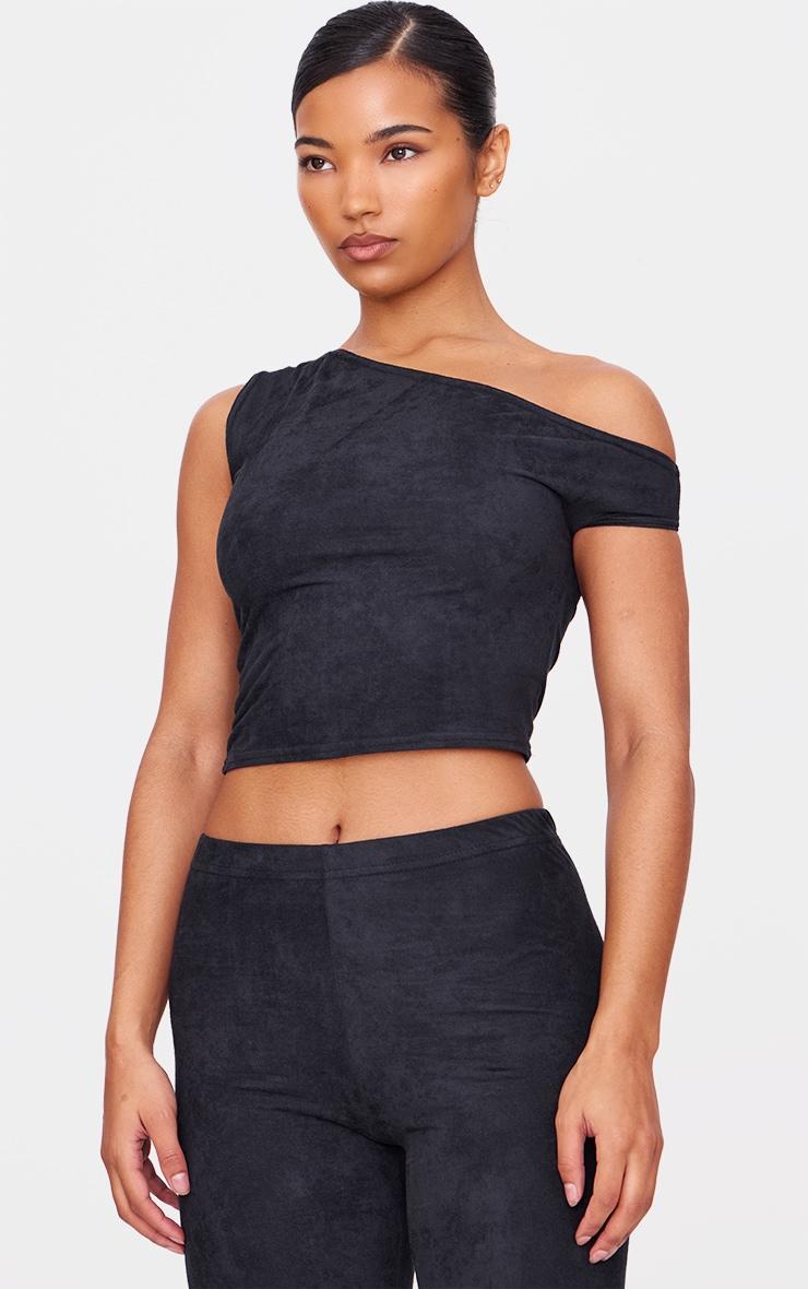 Black Faux Suede Asymmetric Crop Top Product Image