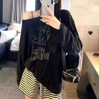 Long Sleeve Cold-Shoulder Lettering Print Loose-Fit Tee Product Image