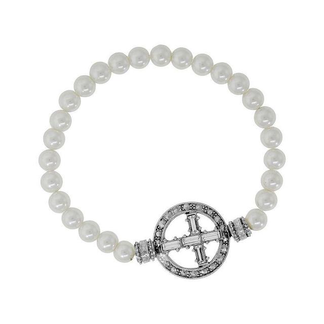 Symbols of Faith Gold Tone Crystal Cross Faux Pearl Stretch Bracelet, Womens, Silver Tone White Product Image