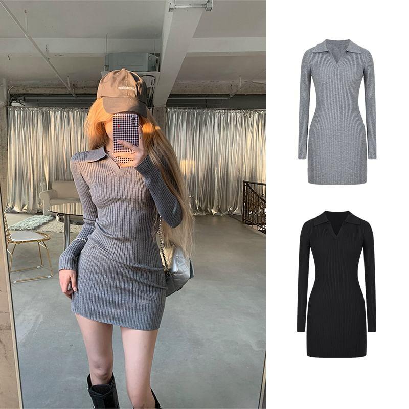 Long Sleeve Open Placket Plain Ribbed Knit Mini Sheath Polo Dress Product Image