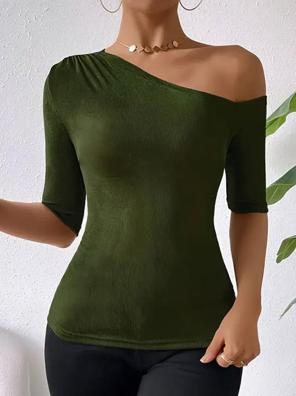 Half Sleeves Skinny Asymmetric Pleated Solid Color One-Shoulder T-Shirts Tops Product Image