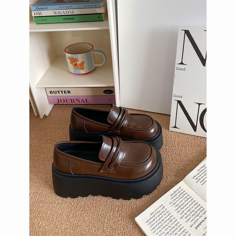 Platform Plain Faux Leather Loafers Product Image