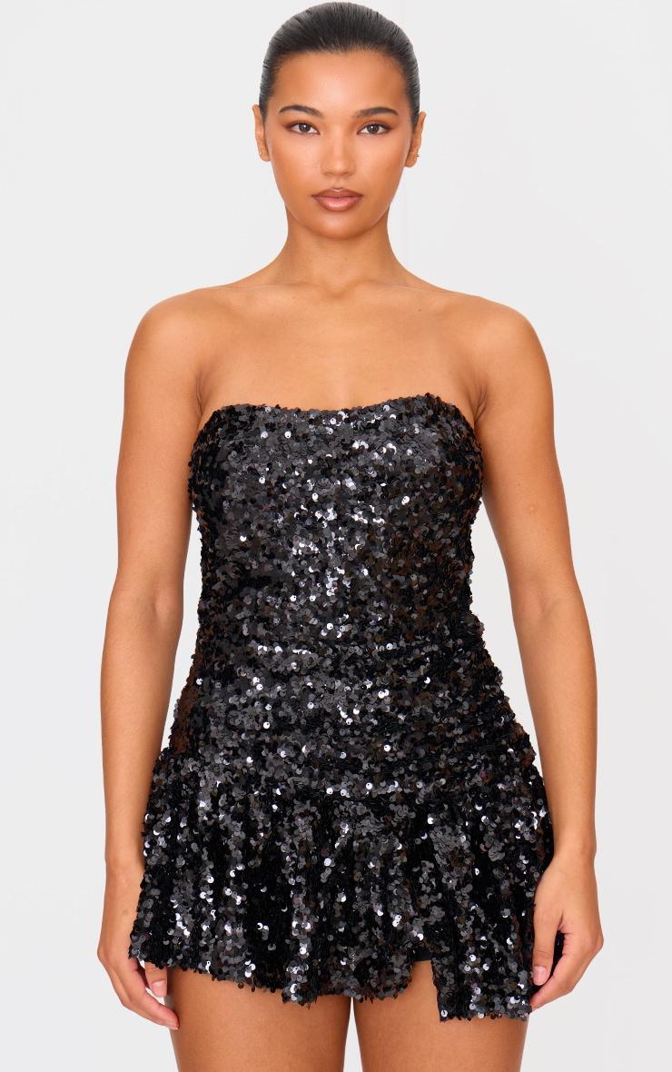 Black Sequin Bandeau Pleated Skort Romper Product Image