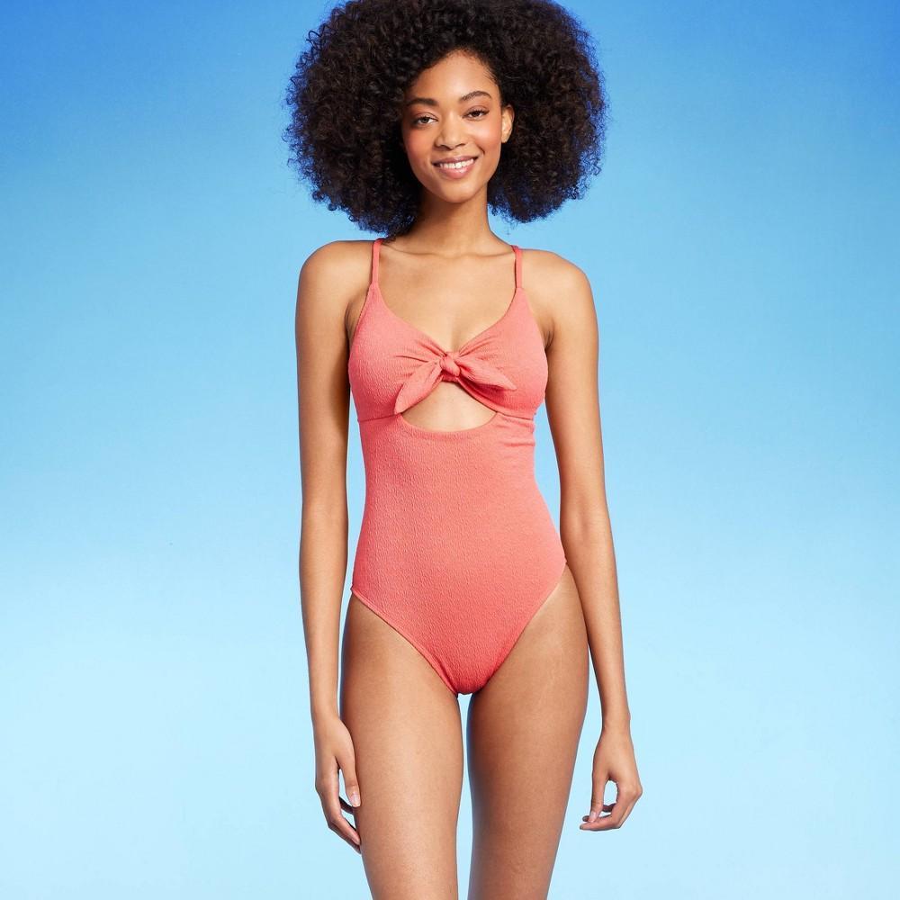 Womens Crepe Bralette Tie-Front One Piece Swimsuit - Shade & Shore Coral Pink Product Image