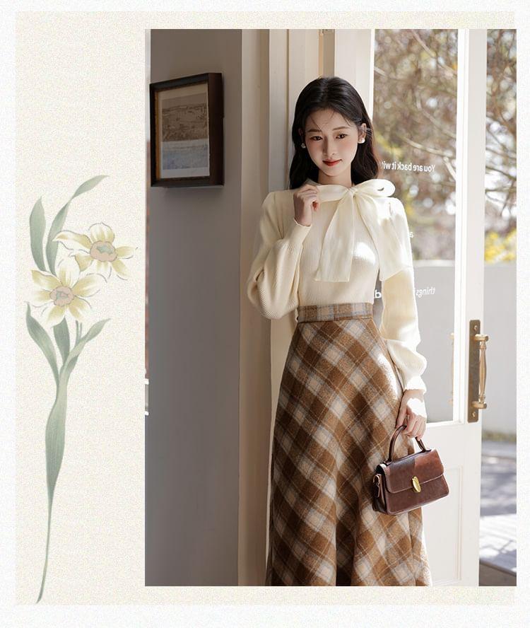 Set: Long-Sleeve Ribbon Neck Plain Top + High Rise Plaid Midi A-Line Skirt Product Image