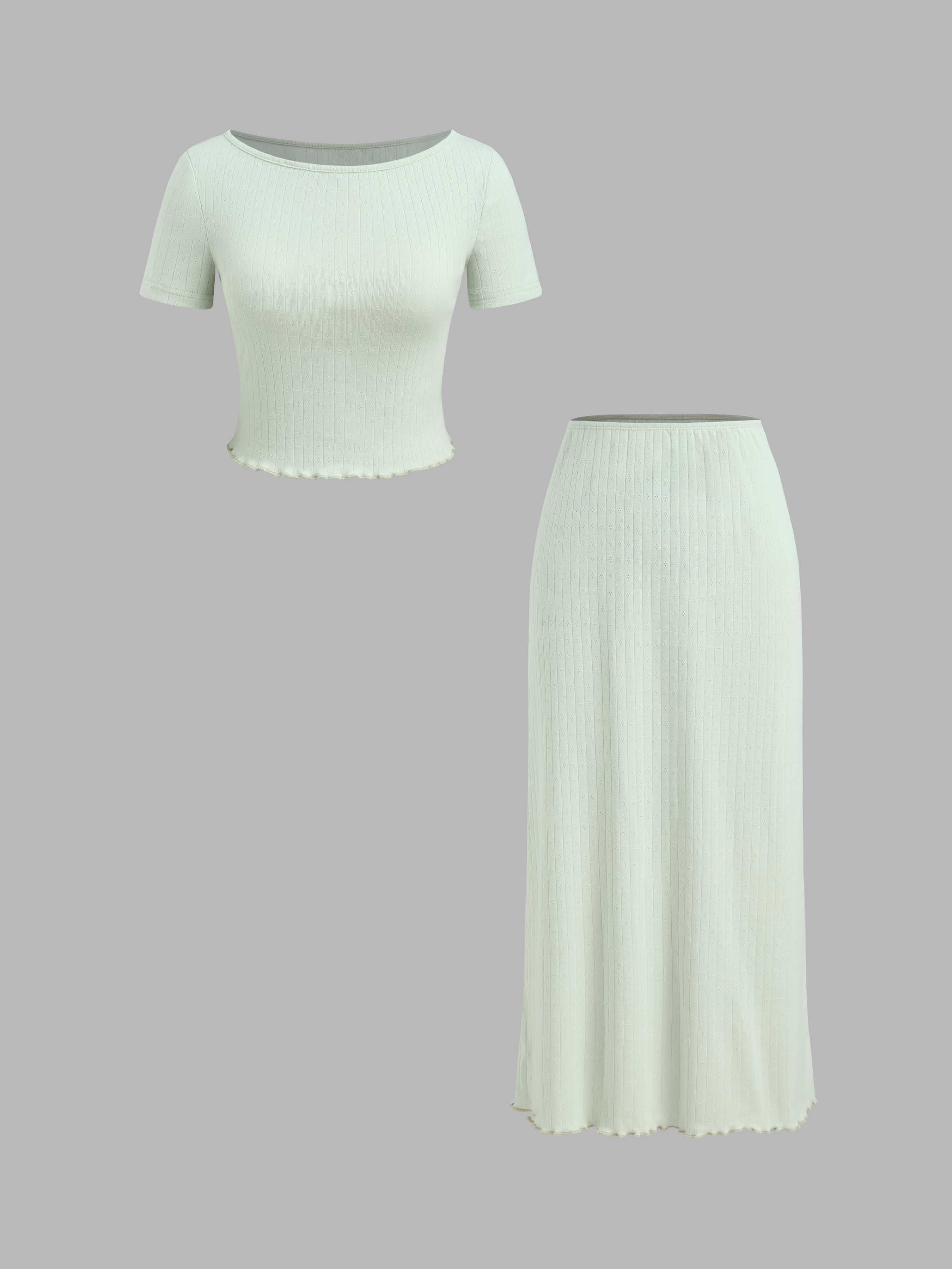 Cotton-blend Boat Neck Solid Lettuce Trim Crop Tee & Low Rise Solid Ruffle Maxi Skirt Set product image