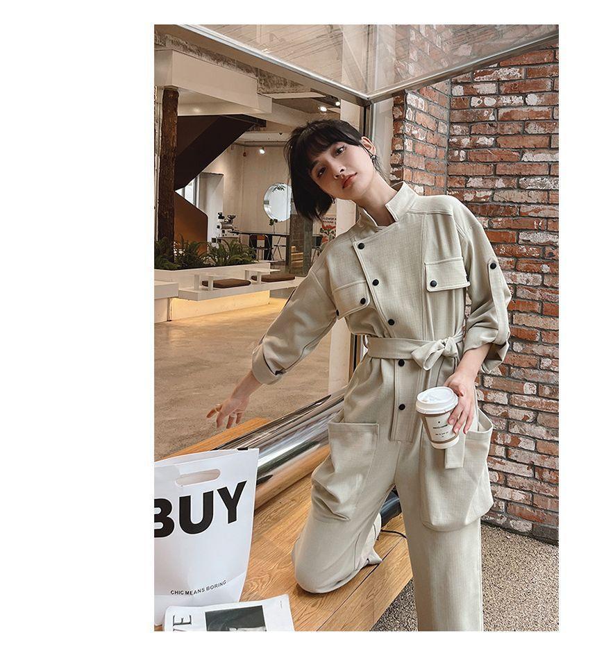 Long-Sleeve Collared Plain Button Jumpsuit Product Image