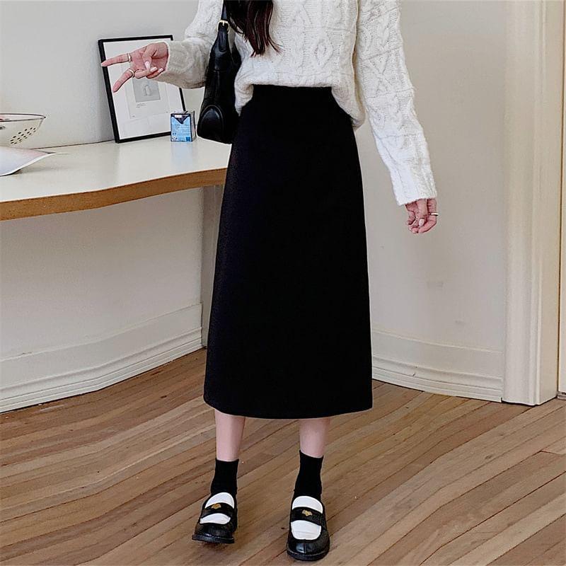 High Waist Plain Slit Midi A-Line Skirt Product Image