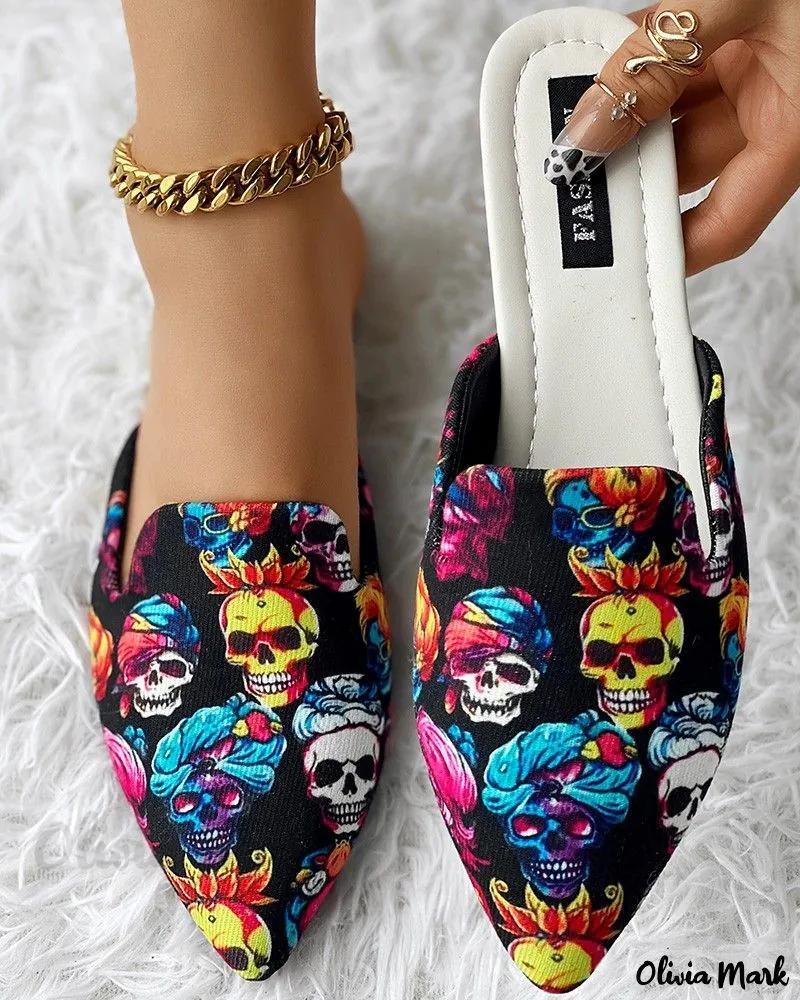 Olivia Mark – Spooky Skull Head Printed Slippers with Pointed Toe – Perfect for Halloween! Product Image