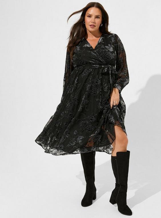 Midi Burnout Velour Blouson Surplice Dress Product Image