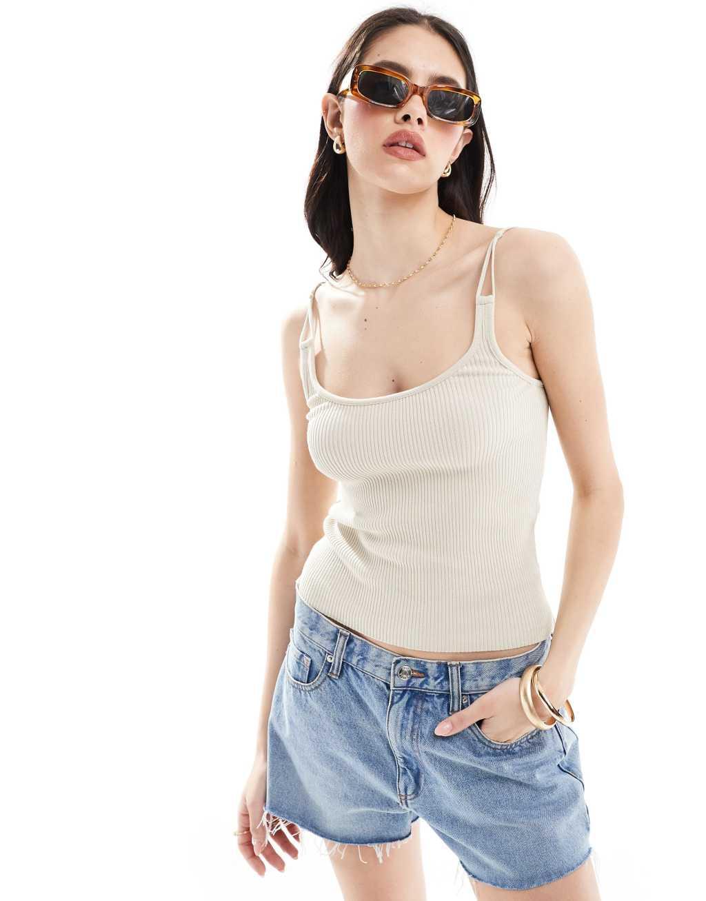 Mango double strap knitted tank top in beige Product Image