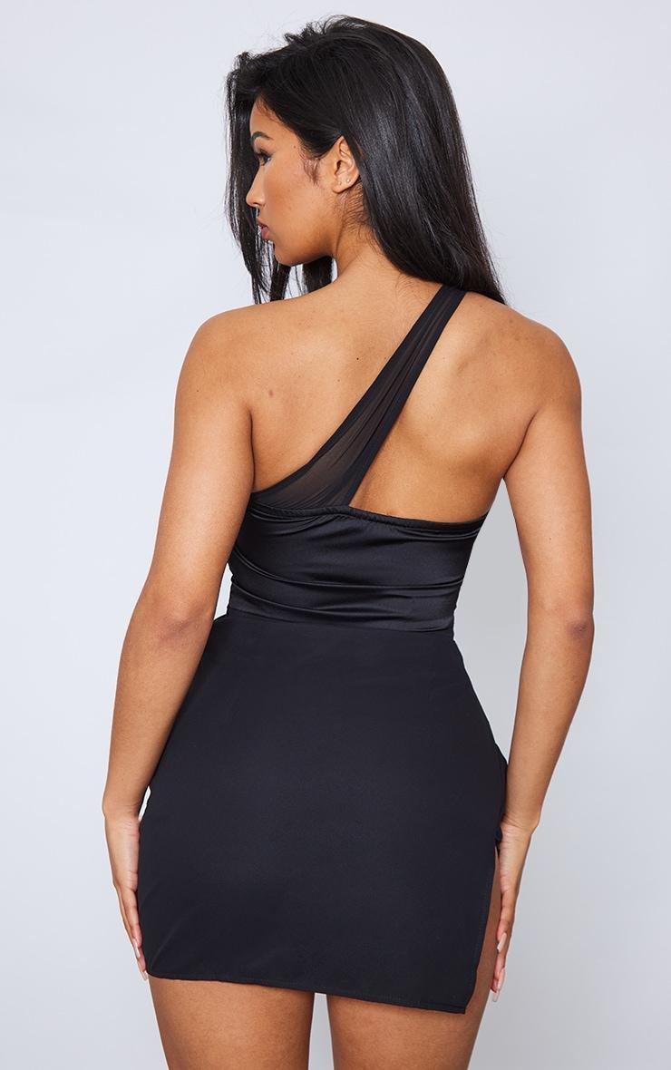 Black Satin Underwired Corset Mesh Strap Detail Bodycon Dress Product Image