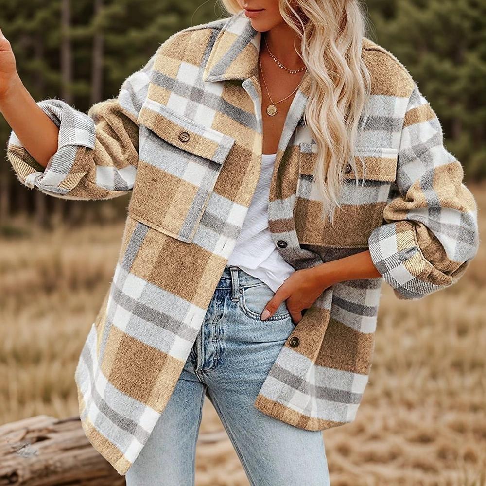 Olivia Mark – Checked Buttoned Flannel Shirt Jacket Product Image