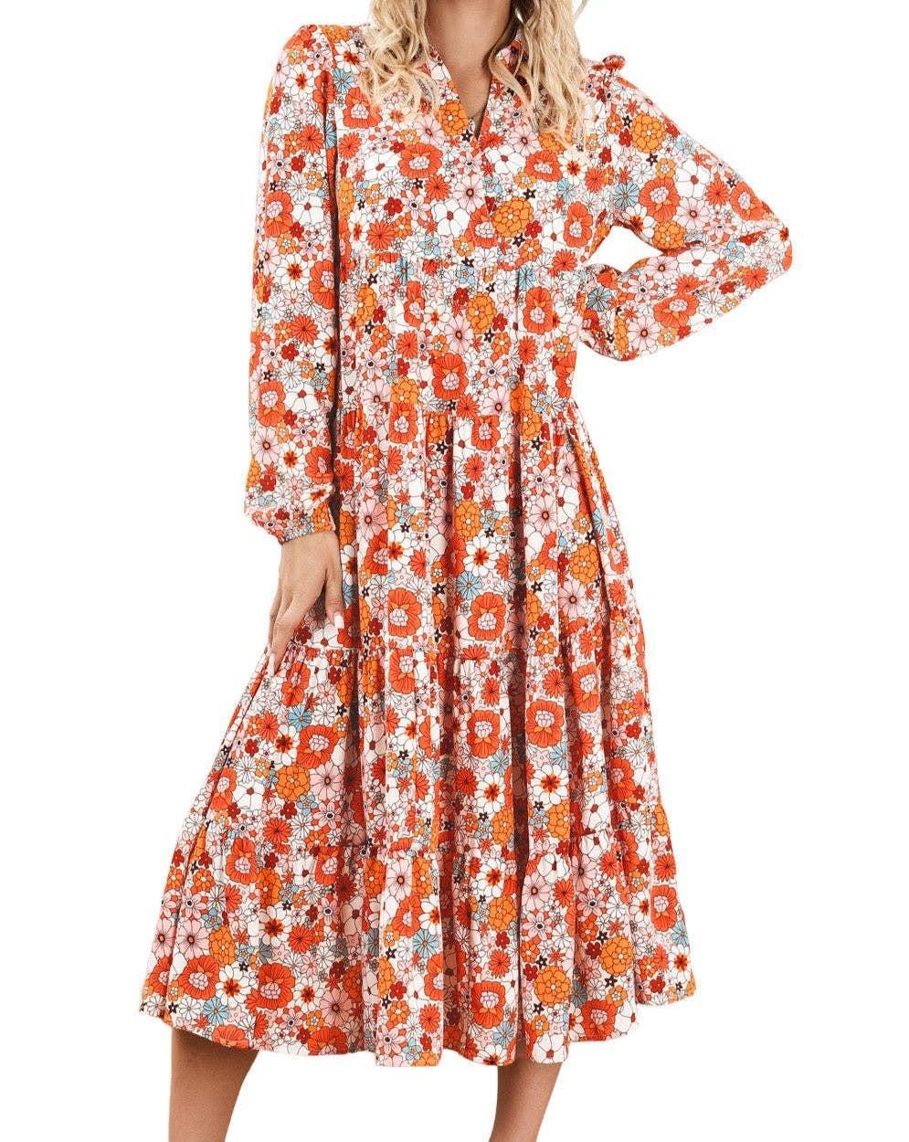 Floral Collared Tiered Midi Dress: Multicolor Product Image