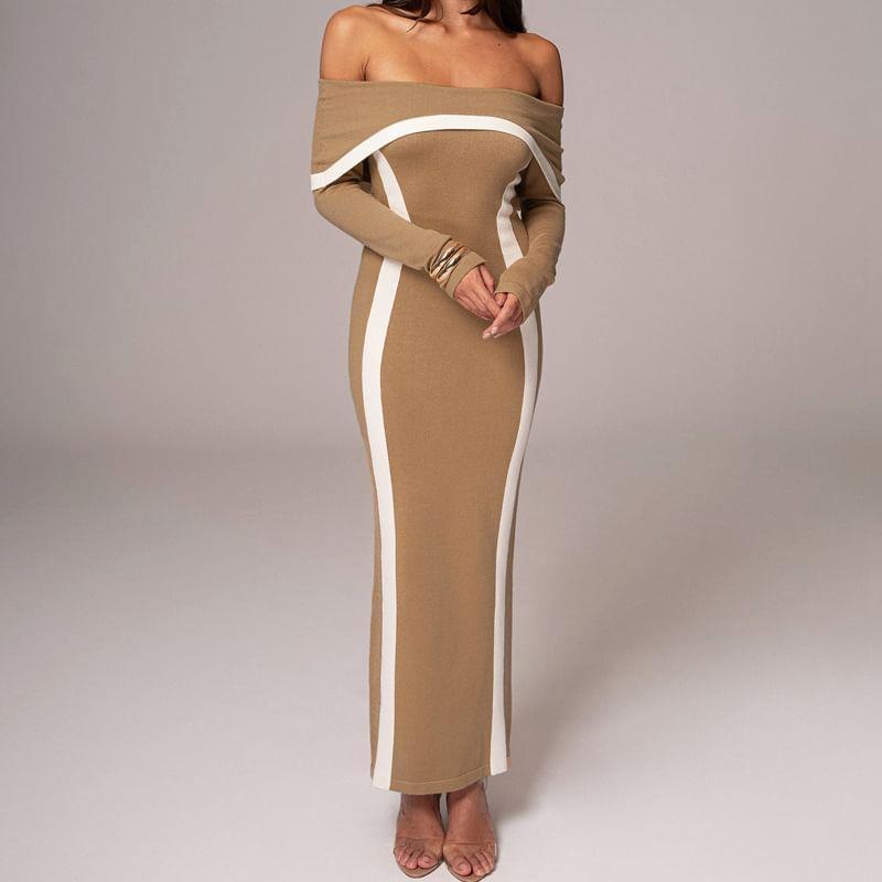 Long-Sleeve Off-Shoulder Contrast Trim Maxi Sheath Knit Dress Product Image