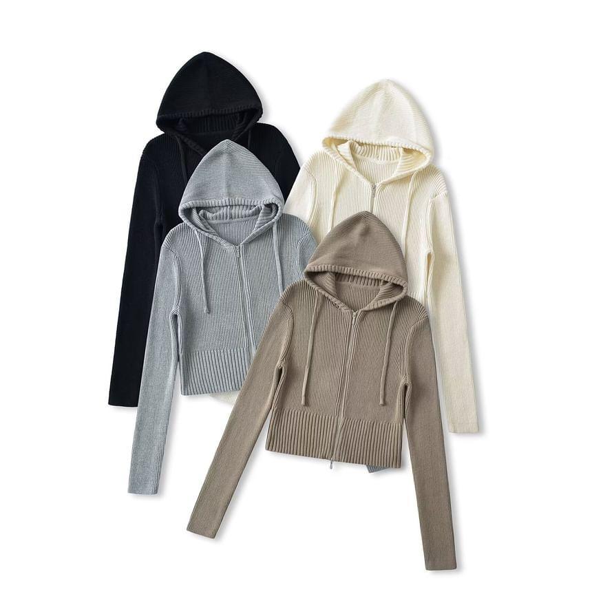 Plain Zip-Up Crop Knit Hoodie Product Image