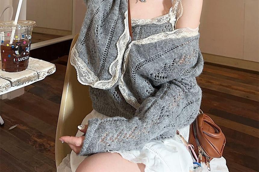 Lace Trim Pointelle Knit Cami Top / V-Neck Cardigan Product Image