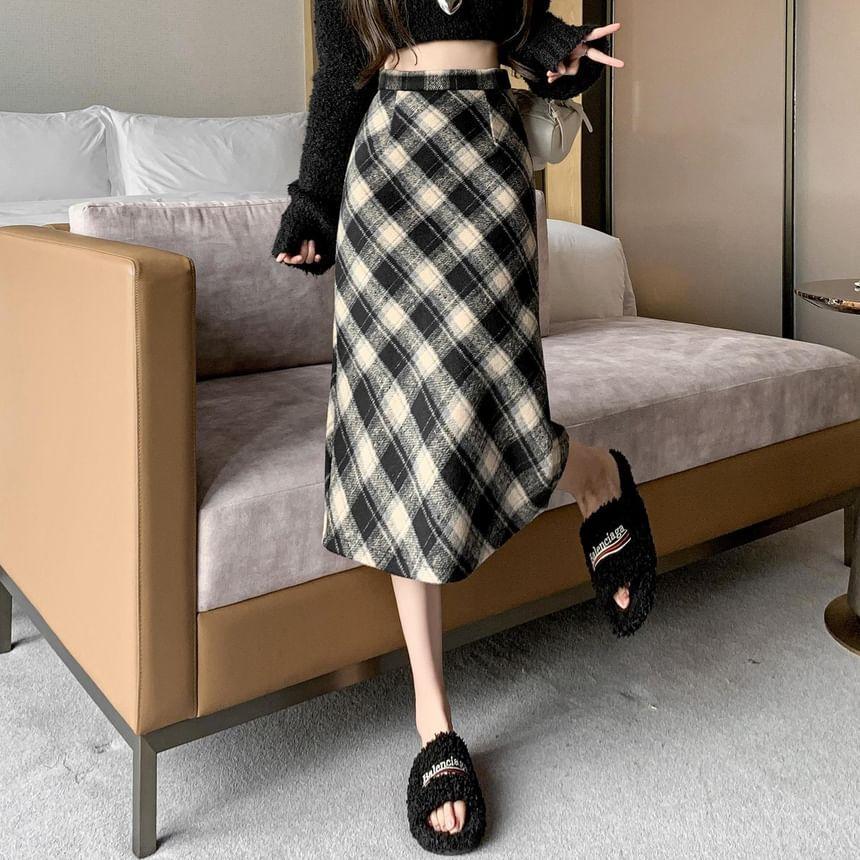 High Waist Plaid Midi A-Line Skirt Product Image