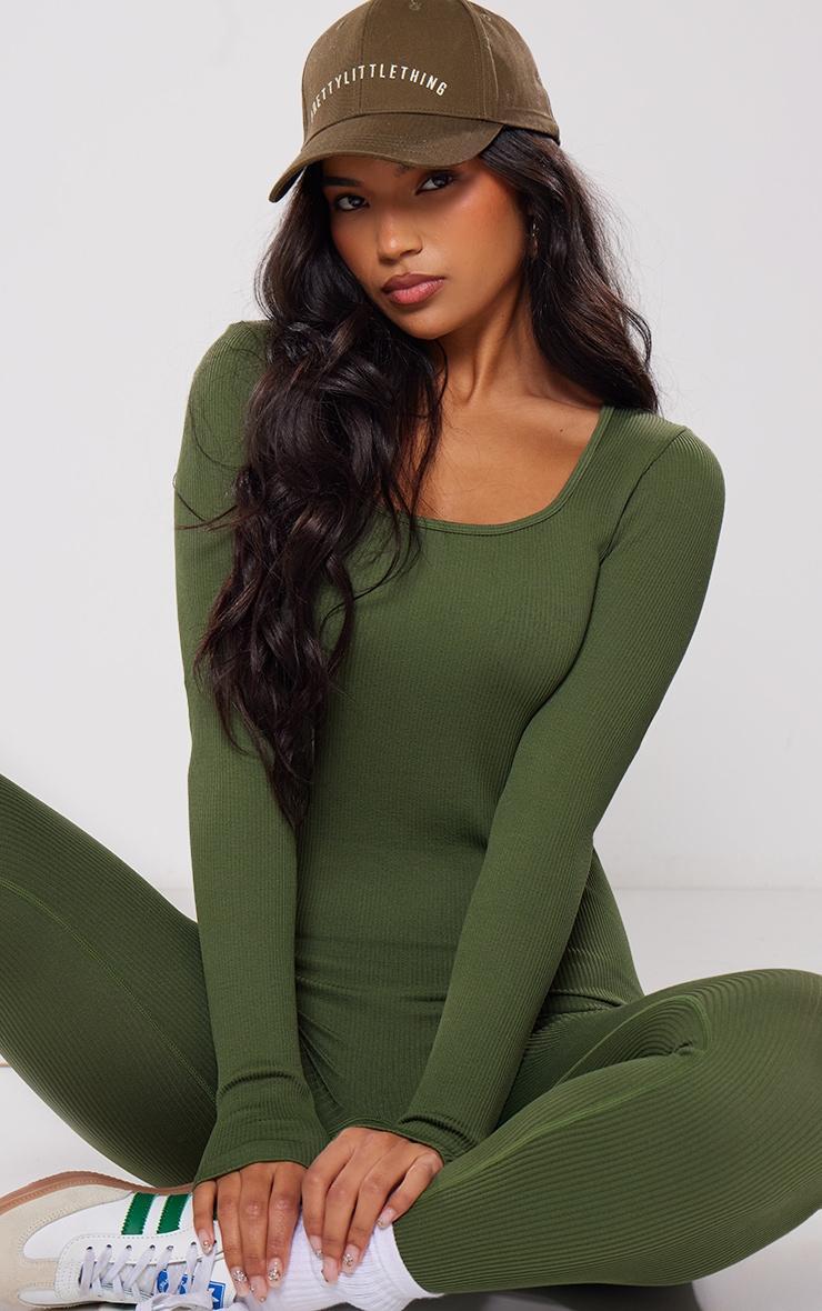 Khaki Snatched Rib Square Neck Long Sleeve Jumpsuit Product Image