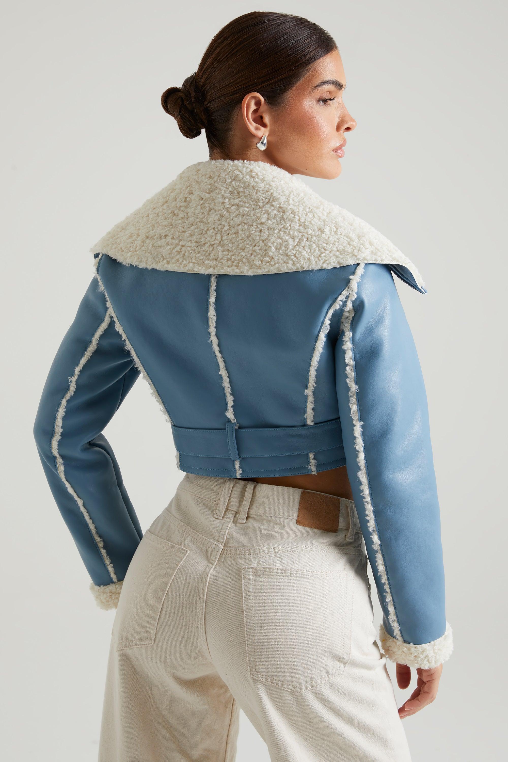 Jacket with Shearling Collar and Trim in Blue Product Image