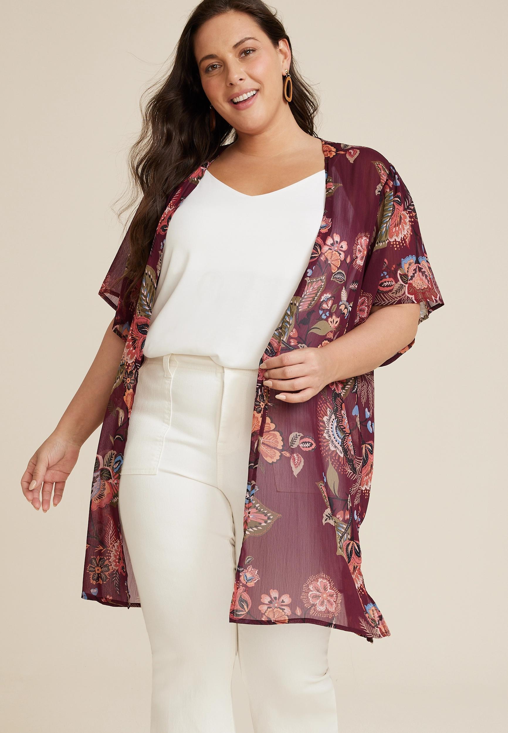 Maurices Plus Size Womens Burgundy Floral Kimono Red Size 4X Product Image