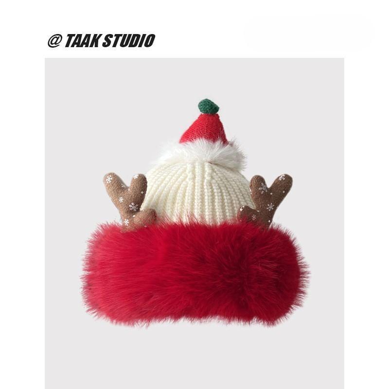 Christmas Deer Horn Chenille Knit Beanie Product Image