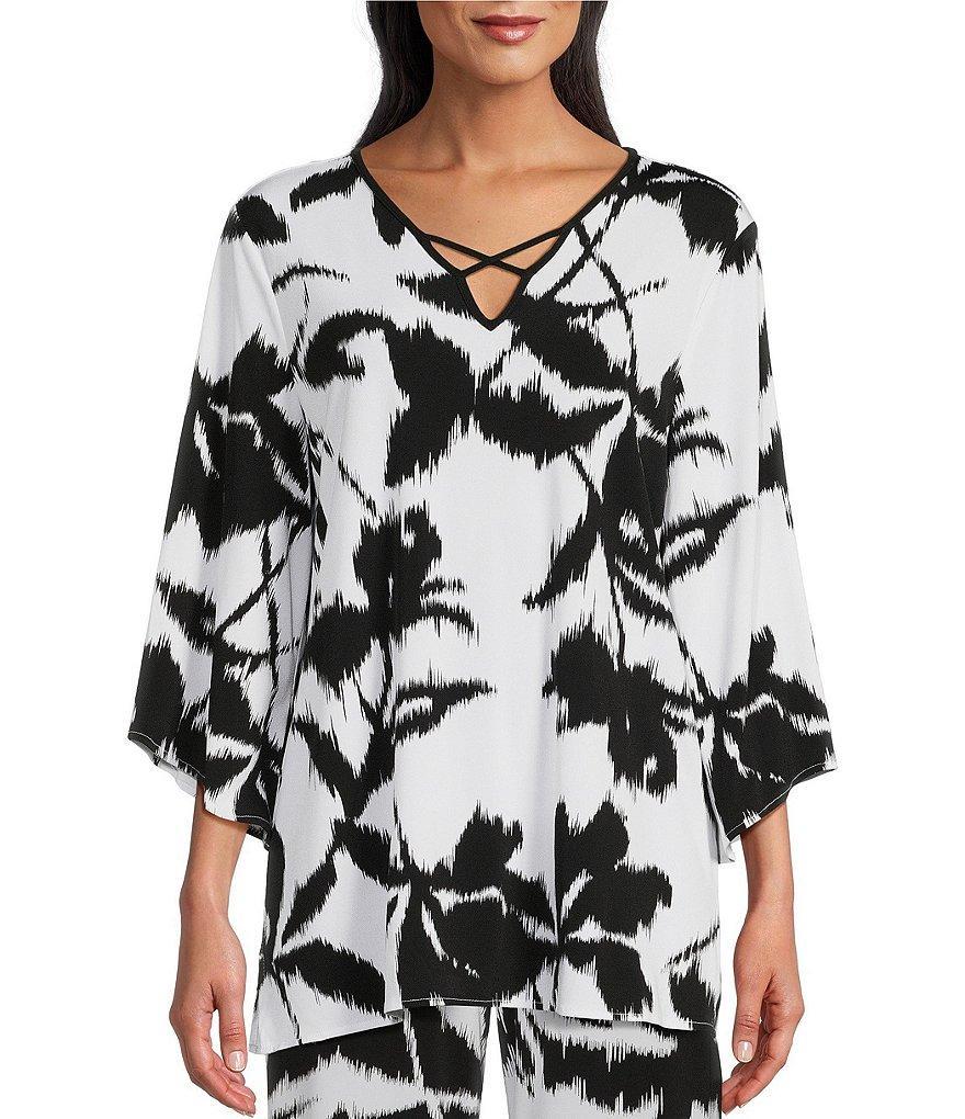 Slim Factor by Investments Ikat Floral Print V-Neck 3/4 Sleeve Criss Cross Neck Coordinating Knit Tunic Product Image