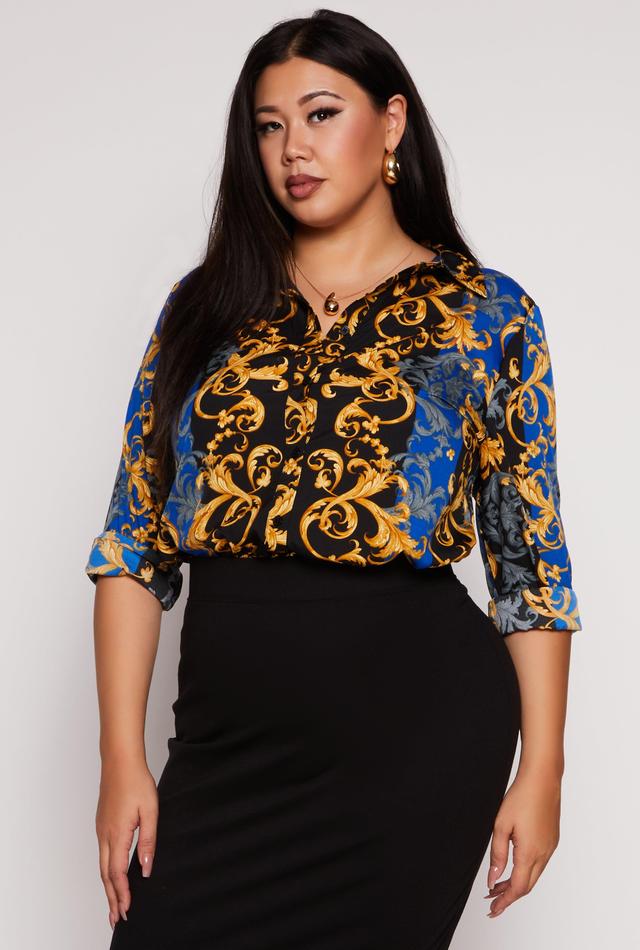 Womens Plus Size Color Block Baroque Print Shirt Product Image