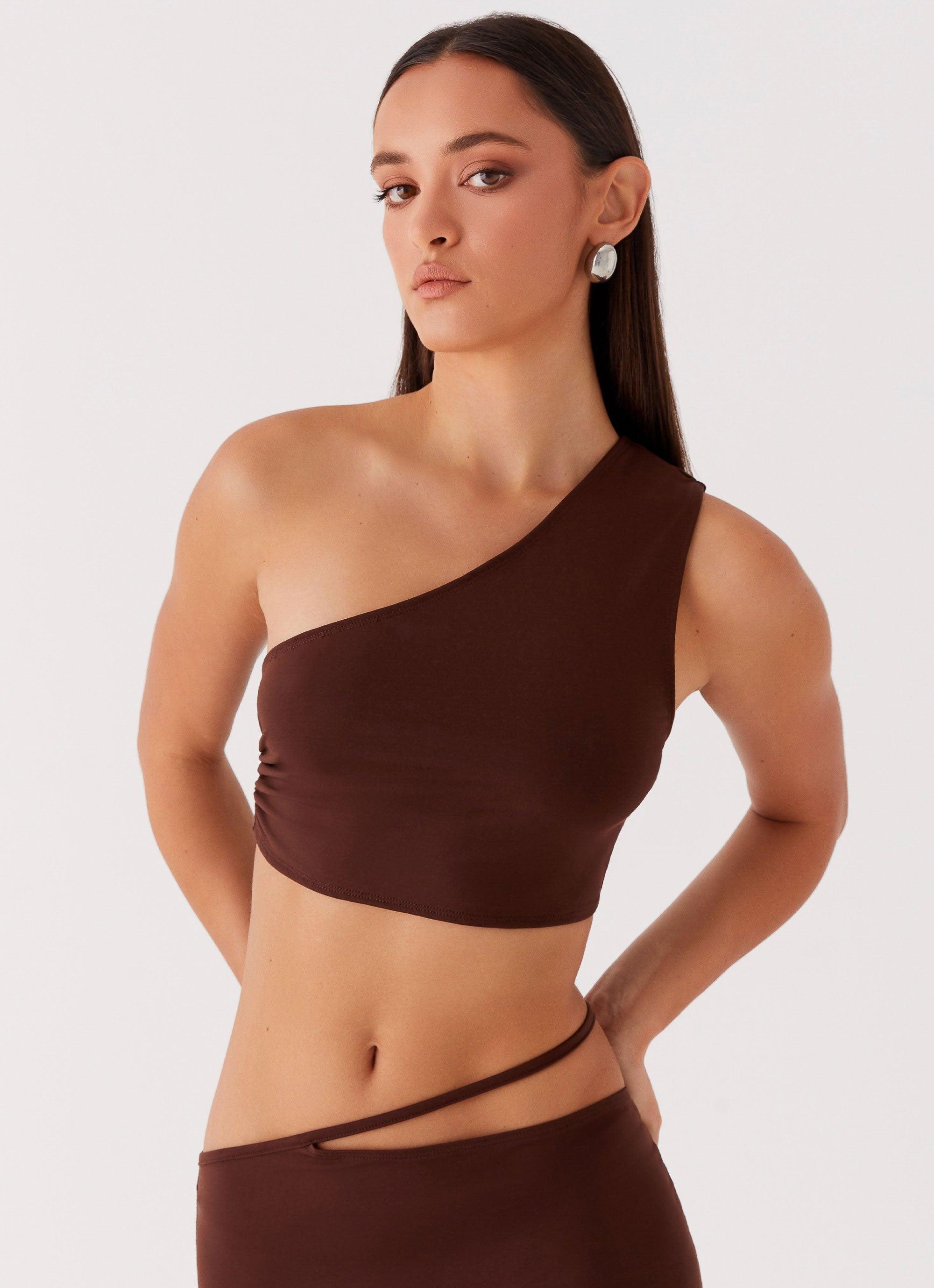 Like You Do One Shoulder Crop Top - Chocolate Product Image