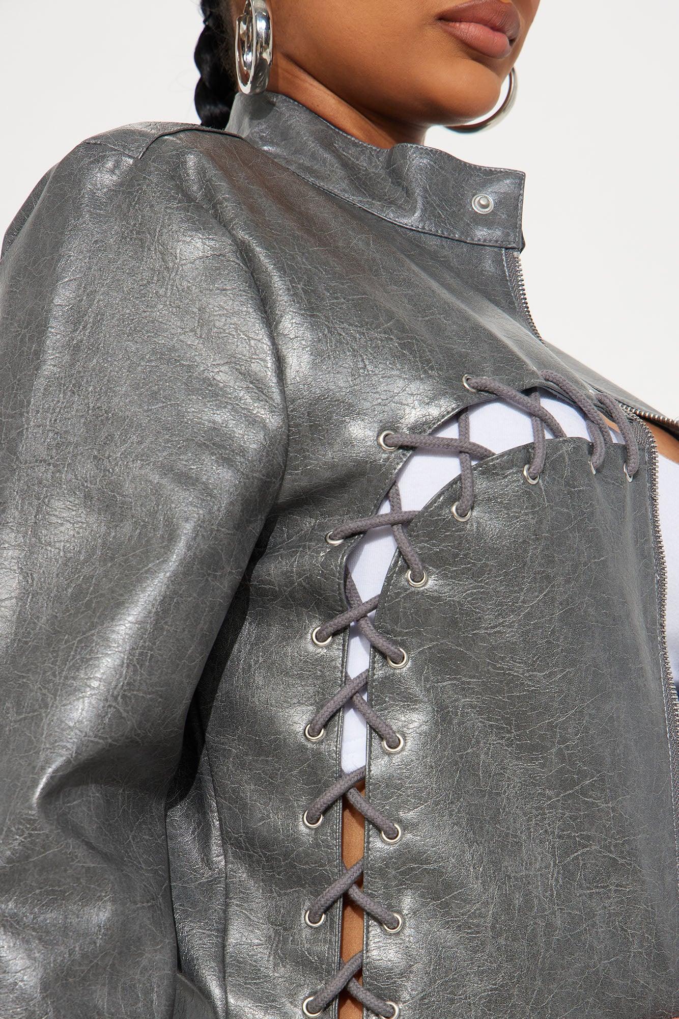 All Stitched Up Faux Leather Moto Jacket - Charcoal Product Image