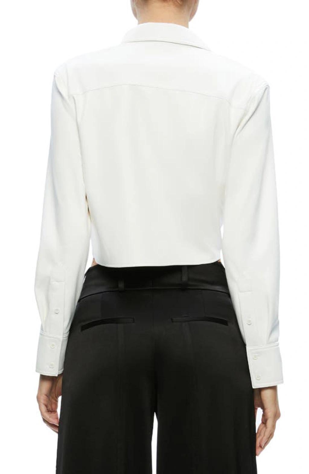 ALICE AND OLIVIA Leon Cropped Vegan Leather Button-front Shirt In Off White Product Image