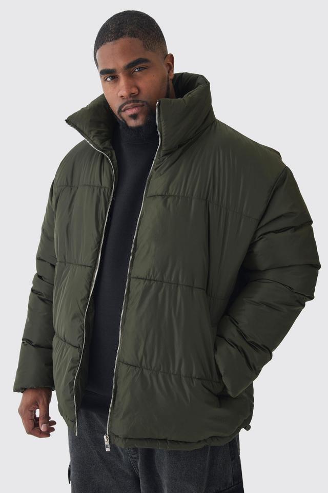 Plus Worldwide Applique Funnel Neck Puffer Jacket In Khaki | boohooMAN USA Product Image