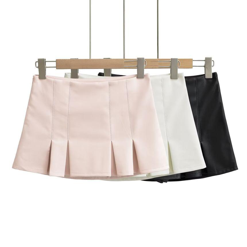 Low Rise Faux Leather Pleated Mini A-Line Skirt Product Image