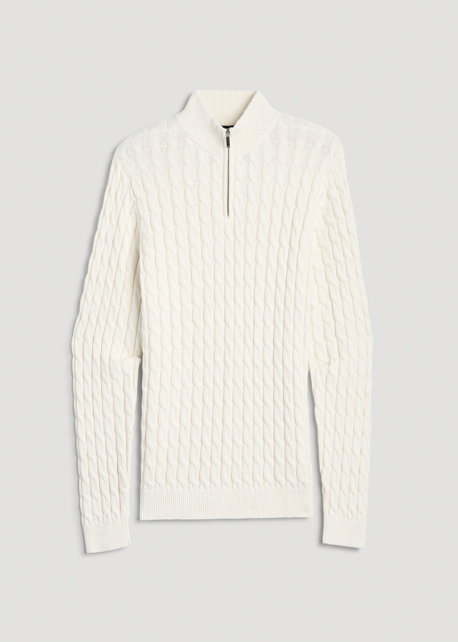 Cable Knit Half Zip Sweater for Tall Men in Ivory White Product Image