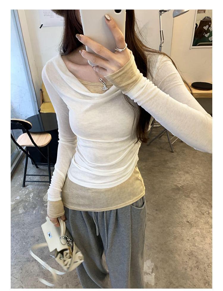 Long Sleeve Cowl Neck Mock Two Piece Color-Block Slim-Fit Top Product Image