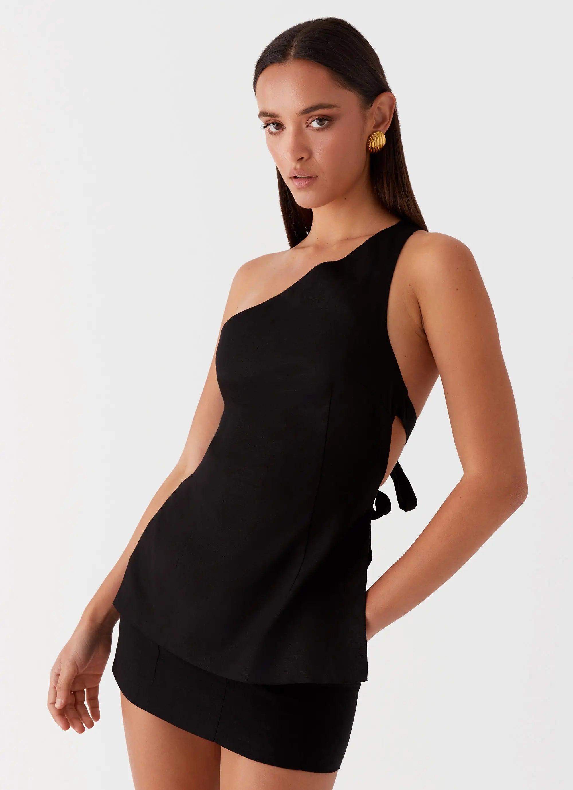 Olsen Linen One Shoulder Top - Black Product Image