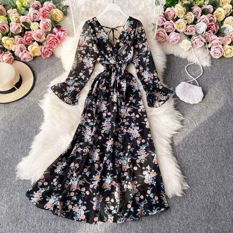 Flared-Sleeve V-Neck Floral Maxi A-Line Dress product image