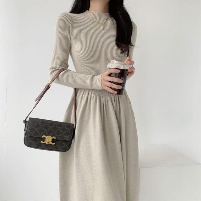 Long-Sleeve Crewneck Knit Maxi A-Line Dress Product Image