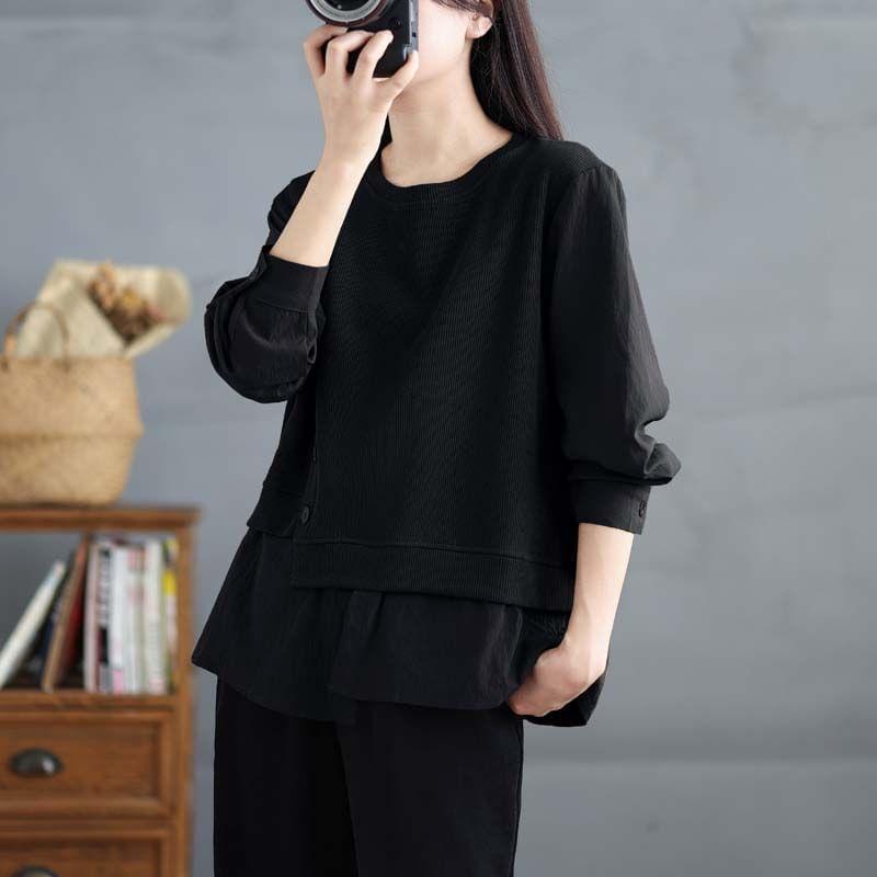 Long-Sleeve Crewneck Asymmetrical Plain Knit Top Product Image