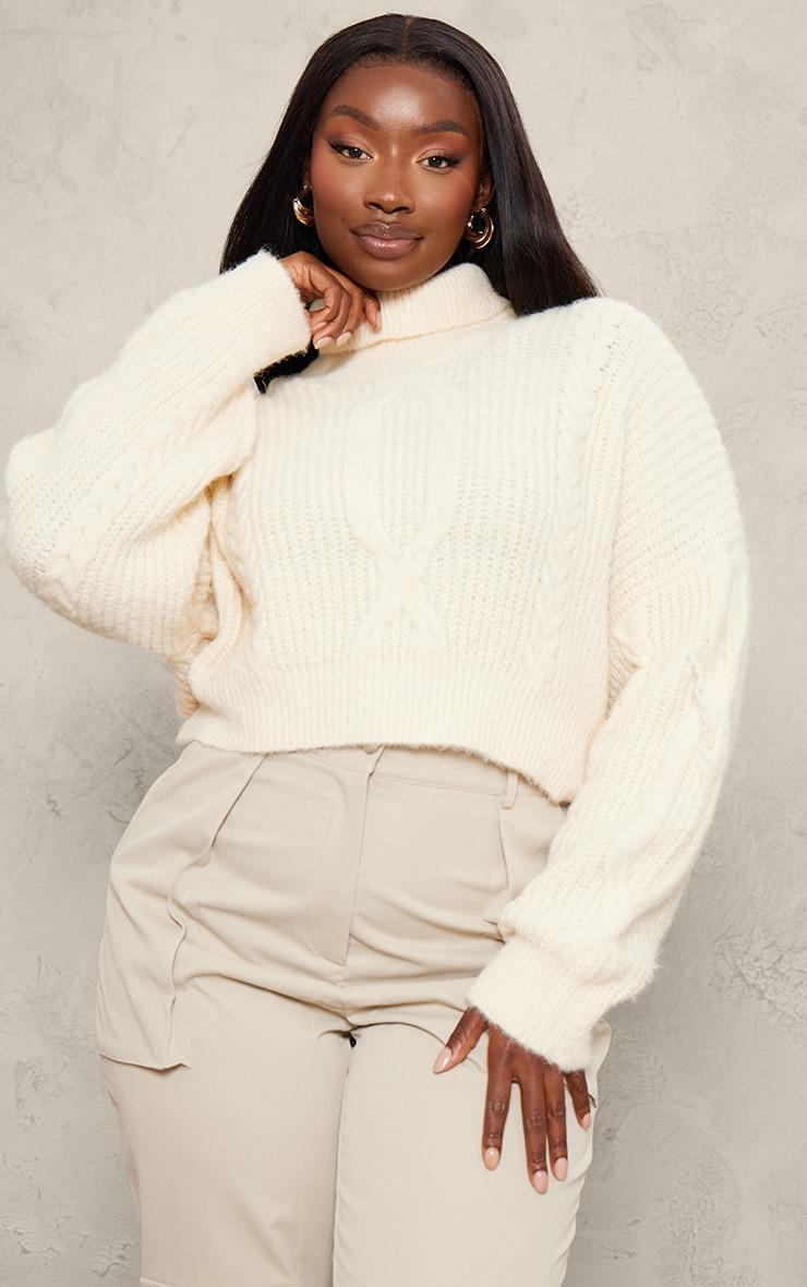 Plus Cream Soft Cable Knit Roll Neck Crop Sweater Product Image