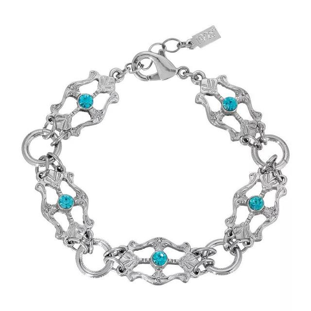 1928 Silver Tone Light Blue Crystal Round Link Bracelet, Womens, Green Product Image