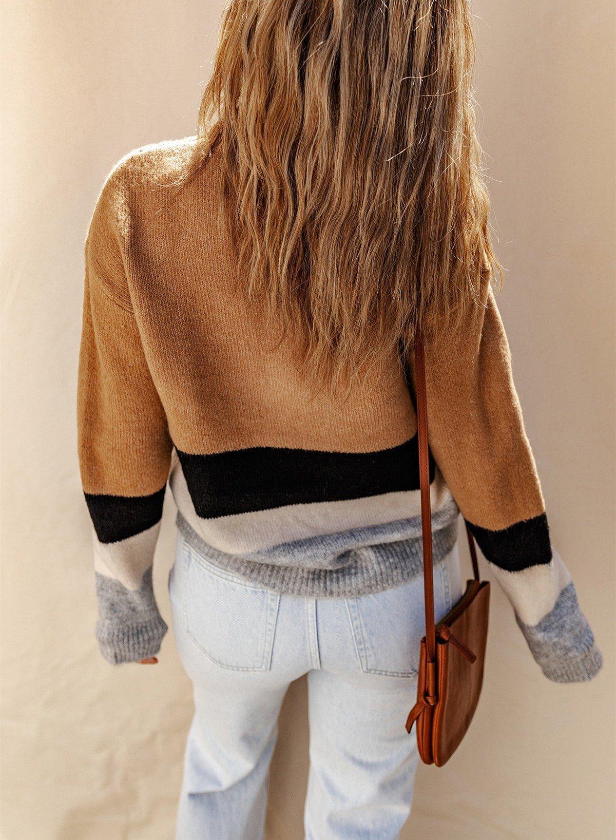 Brown Color Block Striped Knit Sweater Product Image