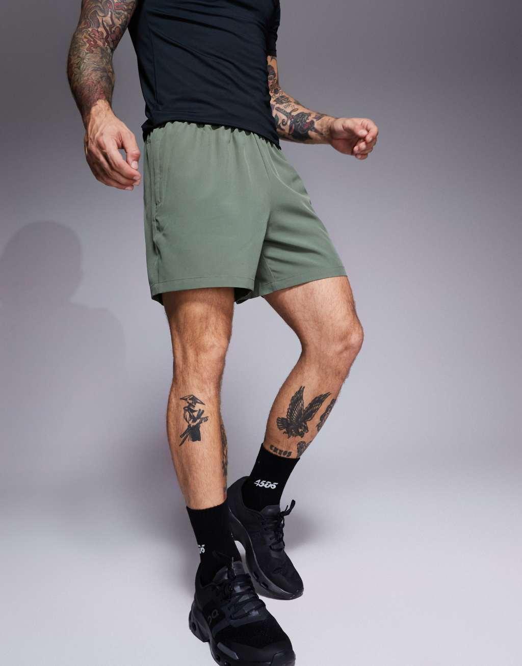 ASOS 4505 Icon 5 inch quick dry training shorts with zip pockets in khaki Product Image