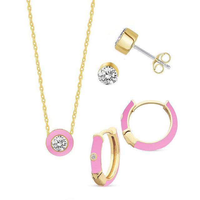 Royal Aura Pink Enamel Necklace, Stud & Hoop Earring Trio Set, Womens Gold Tone Pink Product Image