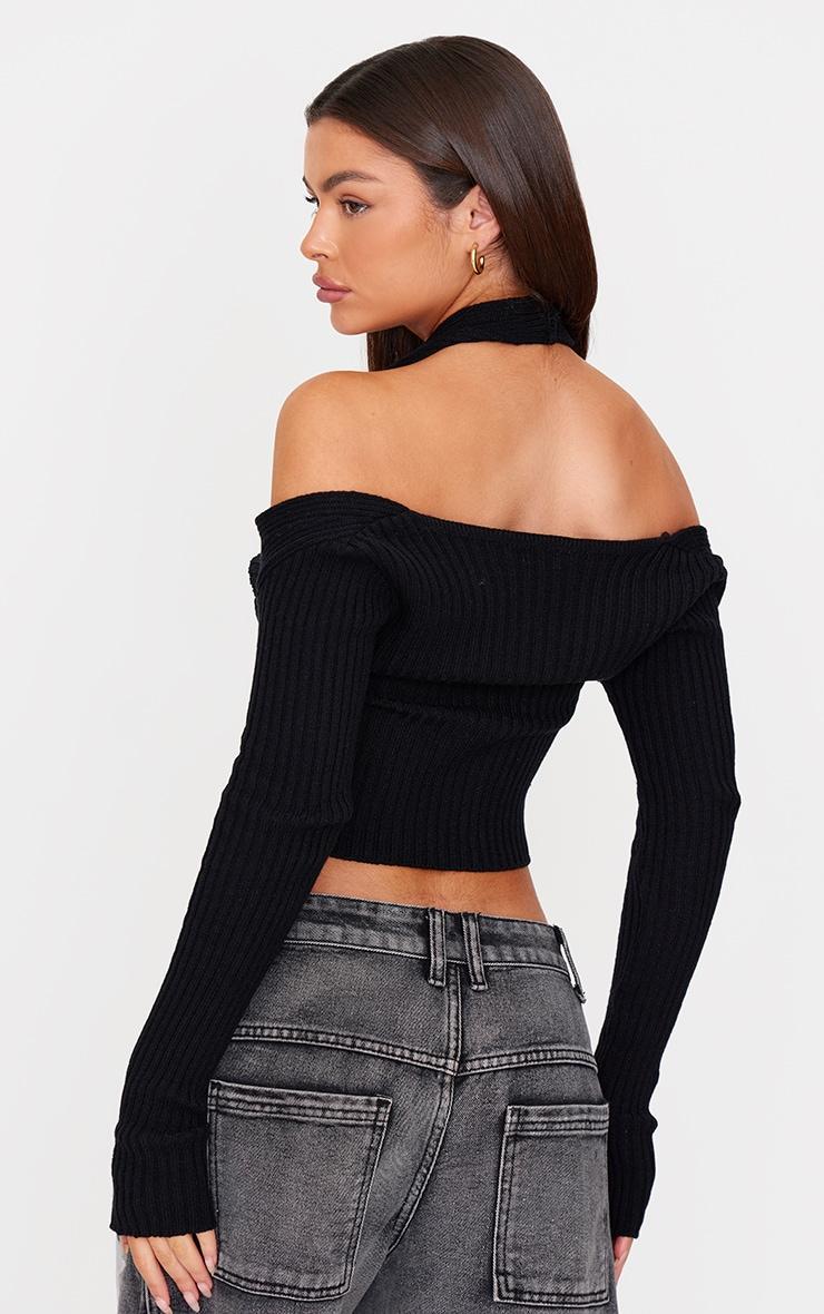 Black Double Layer Rib Knit Long Sleeve Top Product Image