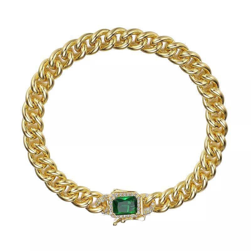 14k Gold Plated Cubic Zirconia Halo Cluster Curb Chain Bracelet, Womens Gold Tone Green Product Image