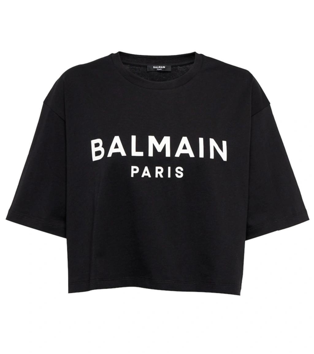 BALMAIN Logo Cotton Cropped T-shirt In Black White Product Image